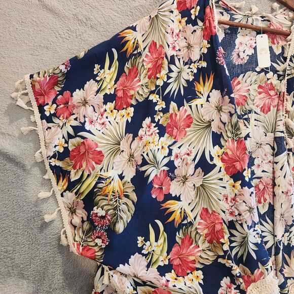 Charming Charlie Navy Floral Fringe Kimono One Size NEW Boho Bloomcore Festival - Picture 3 of 8